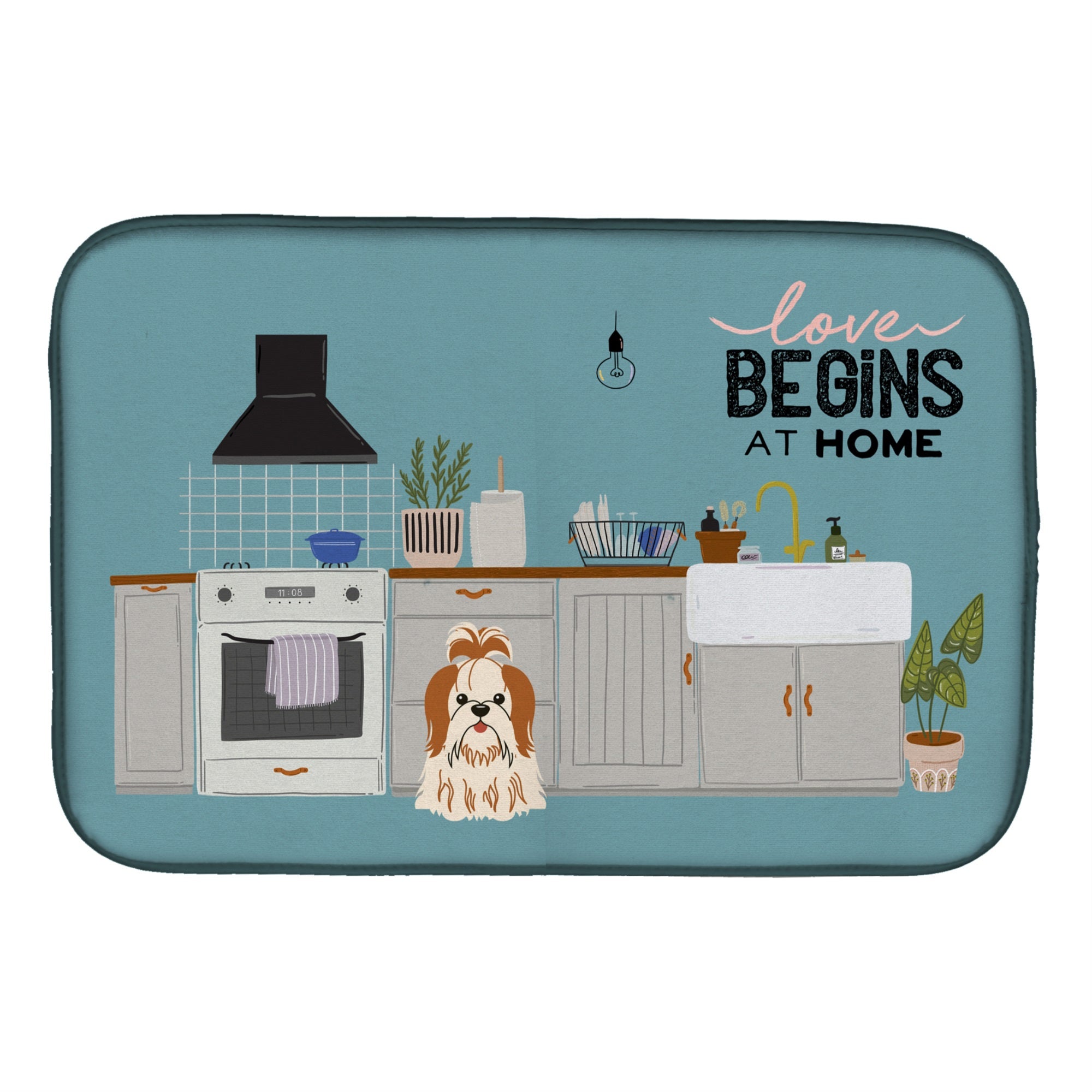 Red White Shih Tzu Kitchen Scene Dish Drying Mat